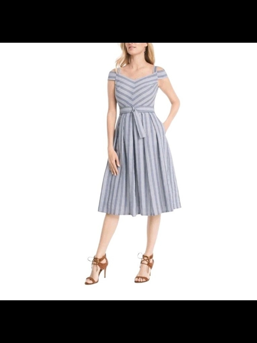 White House Black Market Blue Striped Off-Shoulder Midi Dress